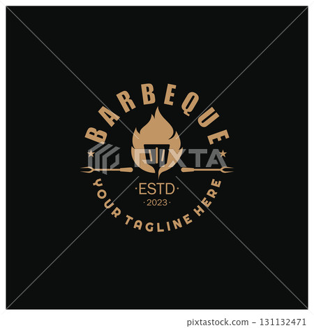 Simple Barbecue Vintage hot grill, with crossed flames and spatula. Logo for restaurant, badge, cafe and bar.vector 131132471