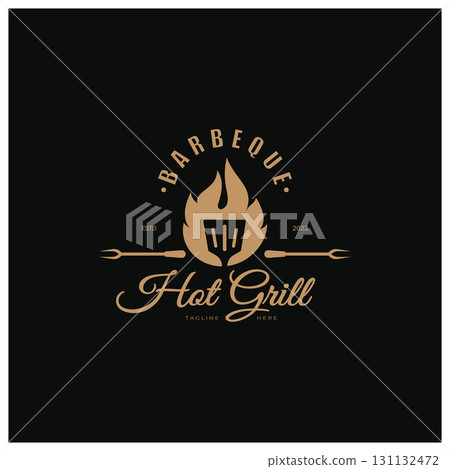 Simple Barbecue Vintage hot grill, with crossed flames and spatula. Logo for restaurant, badge, cafe and bar.vector Simple Barbecue Vintage hot grill, with crossed flames and spatula. Logo for restaurant, badge, cafe and bar.vector 131132472