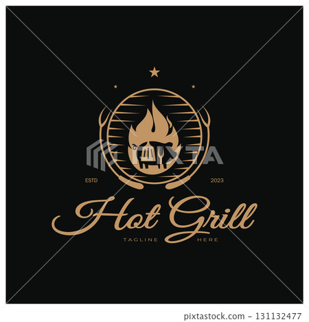 Simple Barbecue Vintage hot grill, with crossed flames and spatula. Logo for restaurant, badge, cafe and bar.vector Simple Barbecue Vintage hot grill, with crossed flames and spatula. Logo for restaurant, badge, cafe and bar.vector 131132477