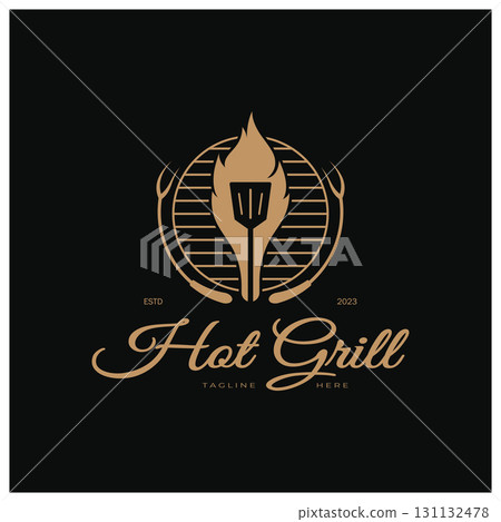 Simple Barbecue Vintage hot grill, with crossed flames and spatula. Logo for restaurant, badge, cafe and bar.vector Simple Barbecue Vintage hot grill, with crossed flames and spatula. Logo for restaurant, badge, cafe and bar.vector 131132478