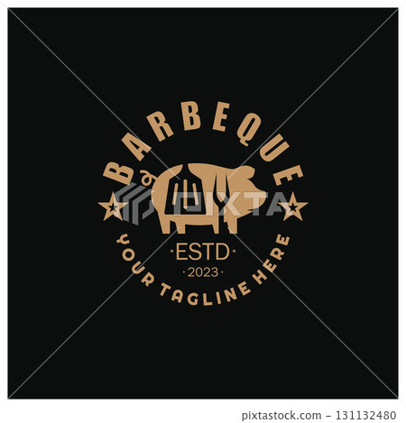 Simple Barbecue Vintage hot grill, with crossed flames and spatula. Logo for restaurant, badge, cafe and bar.vector 131132480