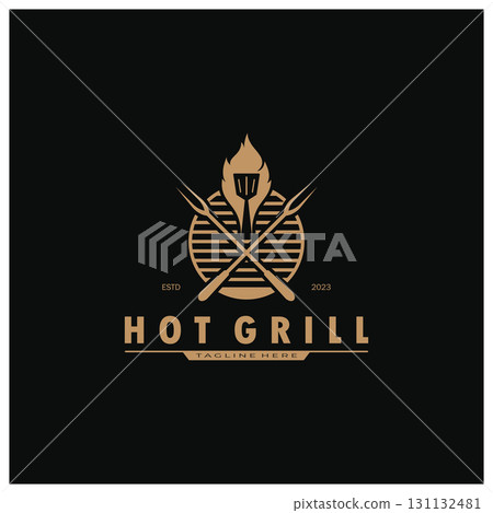 Simple Barbecue Vintage hot grill, with crossed flames and spatula. Logo for restaurant, badge, cafe and bar.vector Simple Barbecue Vintage hot grill, with crossed flames and spatula. Logo for restaurant, badge, cafe and bar.vector 131132481