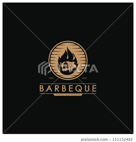 Simple Barbecue Vintage hot grill, with crossed flames and spatula. Logo for restaurant, badge, cafe and bar.vector Simple Barbecue Vintage hot grill, with crossed flames and spatula. Logo for restaurant, badge, cafe and bar.vector 131132482