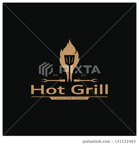 Simple Barbecue Vintage hot grill, with crossed flames and spatula. Logo for restaurant, badge, cafe and bar.vector 131132483