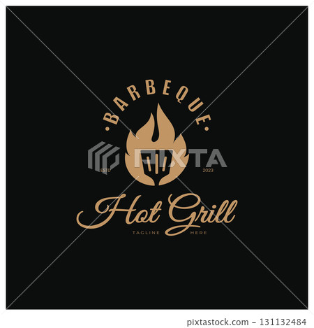 Simple Barbecue Vintage hot grill, with crossed flames and spatula. Logo for restaurant, badge, cafe and bar.vector 131132484