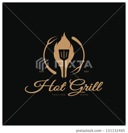 Simple Barbecue Vintage hot grill, with crossed flames and spatula. Logo for restaurant, badge, cafe and bar.vector 131132485