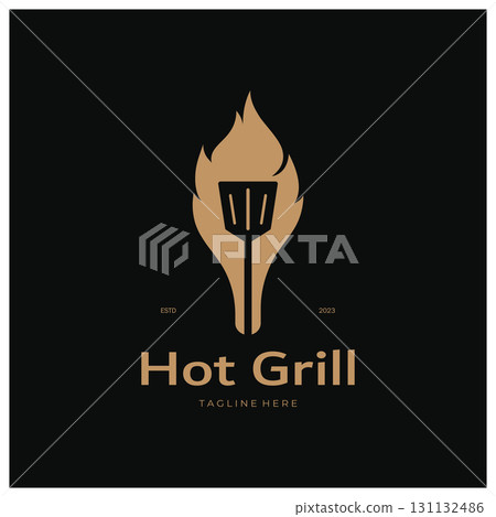 Simple Barbecue Vintage hot grill, with crossed flames and spatula. Logo for restaurant, badge, cafe and bar.vector 131132486