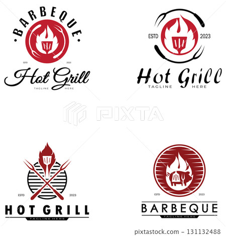 Simple Barbecue Vintage hot grill, with crossed flames and spatula. Logo for restaurant, badge, cafe and bar.vector Simple Barbecue Vintage hot grill, with crossed flames and spatula. Logo for restaurant, badge, cafe and bar.vector 131132488