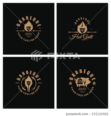 Simple Barbecue Vintage hot grill, with crossed flames and spatula. Logo for restaurant, badge, cafe and bar.vector 131132492