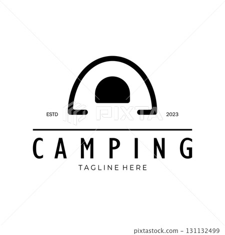 vintage and retro tent logo, camping. With tent, tree and bonfire sign. adventurers, scouts, climbers, camping equipment center 131132499