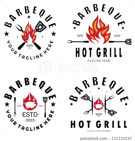 Smoke and BBQ Barbecue Vintage hot grill, with crossed flames and spatula. Logo for restaurant, badge, cafe and bar.vector 131132537