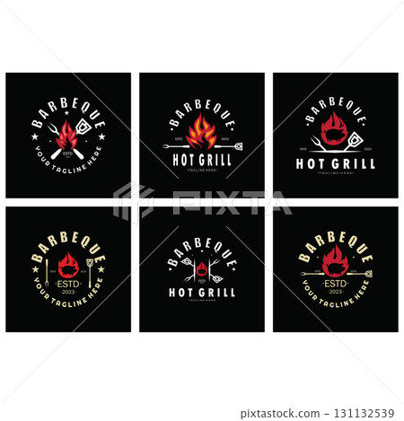 Smoke and BBQ Barbecue Vintage hot grill, with crossed flames and spatula. Logo for restaurant, badge, cafe and bar.vector 131132539