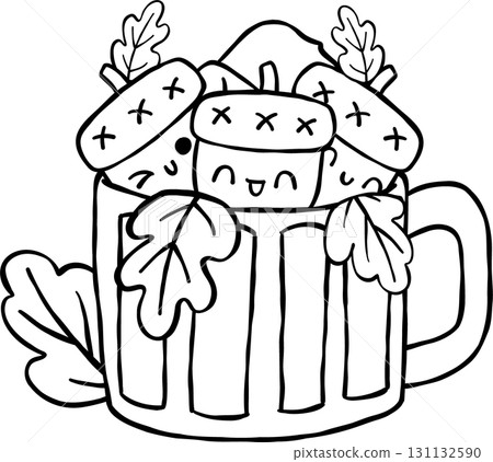 Fall Reading Autumn Bookish Outline, Cute Acorns in Mug Black and White Illustration 131132590