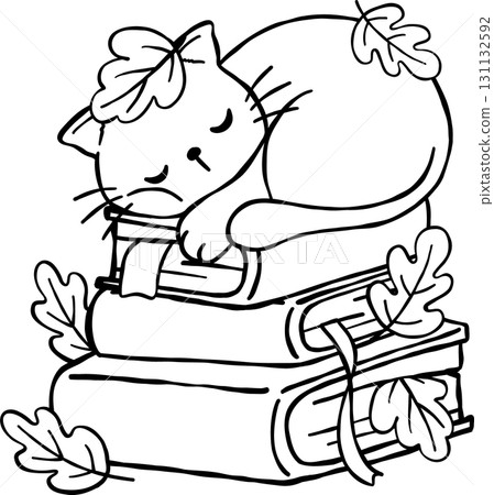 Fall Reading Autumn Bookish Outline, Sleeping Cat on Stack of Books Illustration 131132592