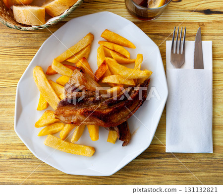 Fried pork belly with potato, homemade dinner 131132821