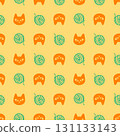 Seamless pattern featuring orange cat faces with green yarn on a cheerful yellow background. Perfect for kids fabric, wallpaper, wrapping paper, packaging, and fun playful surface projects. 131133143