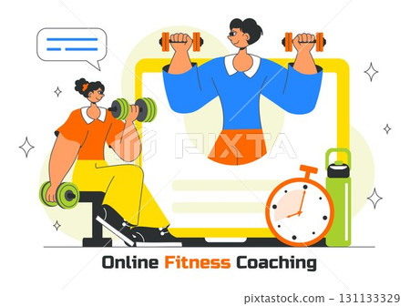 Online Fitness Coaching Illustration Featuring Personal Trainer for Web Training with Virtual Instructor, Workout Plans, Nutrition, and Weight Loss 131133329