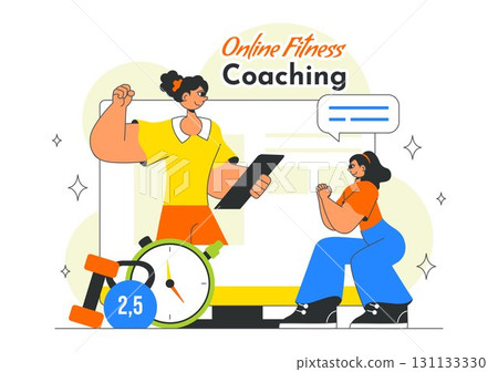 Online Fitness Coaching Illustration Featuring Personal Trainer for Web Training with Virtual Instructor, Workout Plans, Nutrition, and Weight Loss Online Fitness Coaching Illustration Featuring Personal Trainer for Web Training with Virtual Instructor, Workout Plans, Nutrition, and Weight Loss 131133330