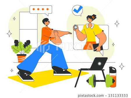 Online Fitness Coaching Illustration Featuring Personal Trainer for Web Training with Virtual Instructor, Workout Plans, Nutrition, and Weight Loss Online Fitness Coaching Illustration Featuring Personal Trainer for Web Training with Virtual Instructor, Workout Plans, Nutrition, and Weight Loss 131133333