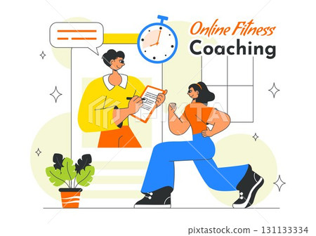 Online Fitness Coaching Illustration Featuring Personal Trainer for Web Training with Virtual Instructor, Workout Plans, Nutrition, and Weight Loss 131133334