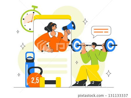 Online Fitness Coaching Illustration Featuring Personal Trainer for Web Training with Virtual Instructor, Workout Plans, Nutrition, and Weight Loss 131133337