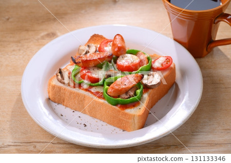 Pizza toast for breakfast with coffee. 131133346