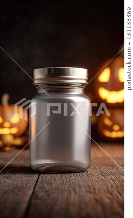 Glass Jar Mockup with Metallic Lid on Wooden Table for Halloween 131133369