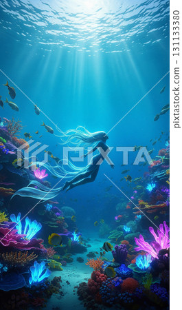 Colorful coral reef with mermaids and tropical fish 131133380