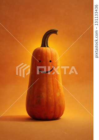 Tall Carved Pumpkin with Long Smile on Orange Gradient Background Tall Carved Pumpkin with Long Smile on Orange Gradient Background 131133436