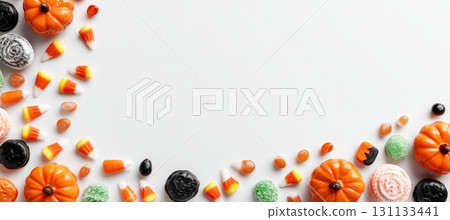 Minimalistic Halloween Sweets and Pumpkins Flat Lay with Copy Space 131133441