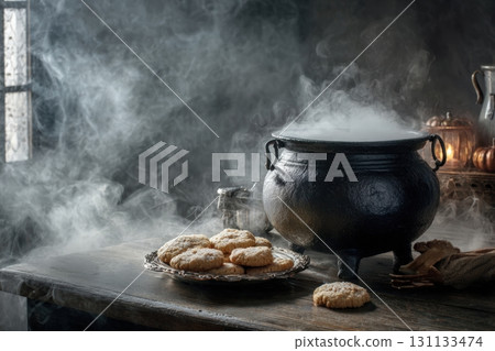 Moody Kitchen Scene with Bubbling Cauldron and Pumpkin Cookies 131133474
