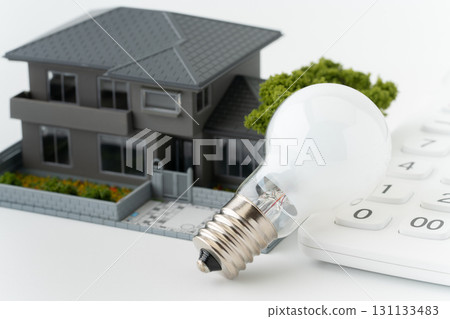 一棟微型獨立式住宅的特寫鏡頭,裡面有燈泡和計算機 一棟微型獨立式住宅的特寫鏡頭,裡面有燈泡和計算機 131133483