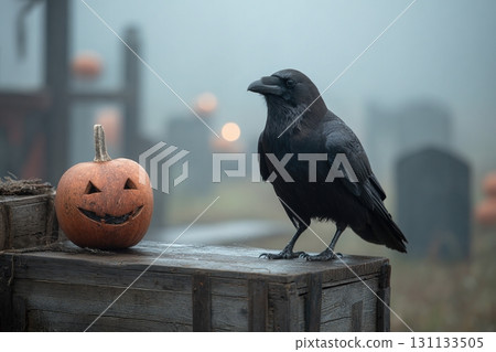 Majestic Raven and Sinister Jack-o'-Lantern in Foggy Graveyard Scene 131133505