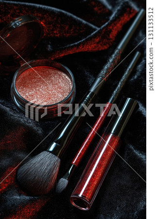 Dramatic Halloween Glam Kit with Shimmer Makeup on Velvet Surface Dramatic Halloween Glam Kit with Shimmer Makeup on Velvet Surface 131133512