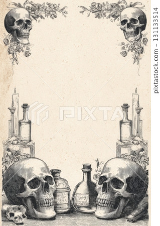 Vintage Halloween Flyer with Skulls, Potions, and Candles on Cream Background Vintage Halloween Flyer with Skulls, Potions, and Candles on Cream Background 131133514
