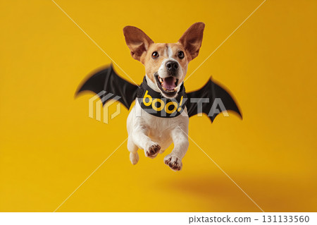 Joyful Dog Jumping with Bat Wings on Bright Yellow Background 131133560