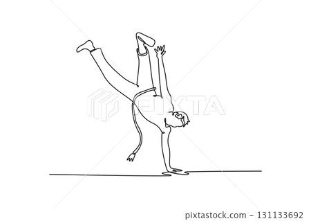 Continuous one line drawing active man performing one-handed Capoeira handstand, dynamic and graceful acrobatic move that requires immense strength. Single line draw design vector graphic illustration 131133692