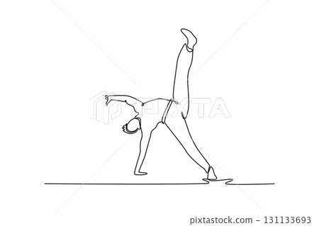 Continuous one line drawing attractive man performing an acrobatic high kick while leaning on one hand, fluid Capoeira movement, balance, and power. Single line draw design vector graphic illustration Continuous one line drawing attractive man performing an acrobatic high kick while leaning on one hand, fluid Capoeira movement, balance, and power. Single line draw design vector graphic illustration 131133693