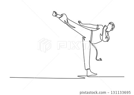 Continuous one line drawing male athlete executing powerful high kick with perfect balance, showcasing fluid and graceful combat style of Capoeira. Single line draw design vector graphic illustration 131133695