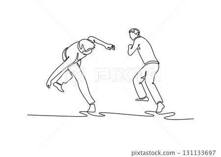 Continuous one line drawing two people engaged in intricate dance of Capoeira, with one figure evading and the other observing, arts fluid strategy. Single line draw design vector graphic illustration 131133697