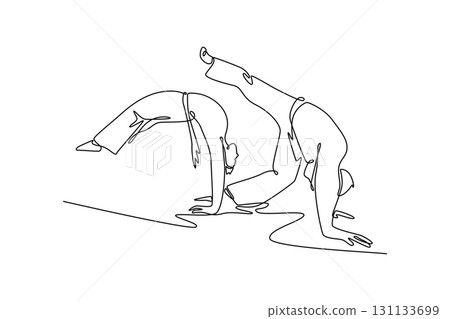 Single continuous line drawing two figures in a graceful Capoeira routine, both in bridge poses, highlighting the fluid, acrobatic partnership. Dynamic one line draw graphic design vector illustration 131133699