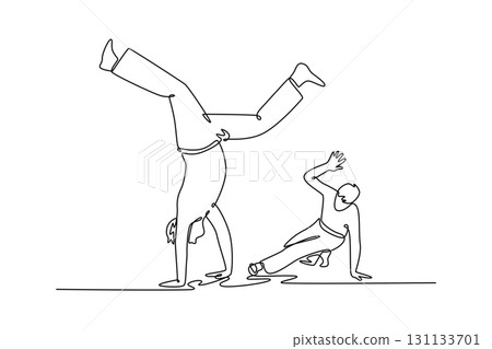 Single continuous line drawing two figures in dynamic Capoeira partnership, with one in an inverted handstand and the other in a low, graceful crouch. One line draw graphic design vector illustration 131133701