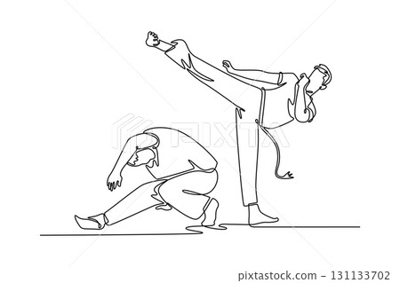 Single continuous line drawing two figures in a Capoeira exchange, with one executing a high kick and the other ducking away in a low, graceful stance. One line draw graphic design vector illustration 131133702