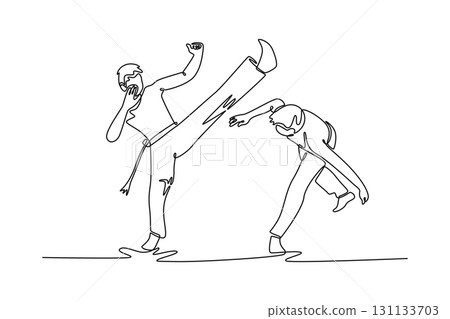 Single continuous line drawing dynamic Capoeira exchange, with one person delivering powerful high kick and the other figure gracefully evading motion. One line draw graphic design vector illustration 131133703