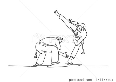 Single continuous line drawing two men engaged in a Capoeira confrontation, with one performing a high kick and the other crouching to evade. Dynamic one line draw graphic design vector illustration 131133704