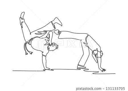 Single continuous line drawing two people in complex Capoeira routine, one balancing on their hands while the other holds a low, fluid stance. Dynamic one line draw graphic design vector illustration 131133705