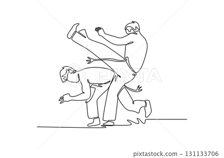 Single continuous line drawing two men engaged in dynamic Capoeira match, with one performing a high kick and the other gracefully dodging the attack. One line draw graphic design vector illustration 131133706