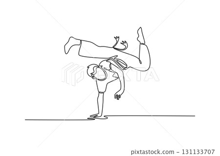 Single one line drawing attractive male performing in a complex Capoeira pose, balancing on one arm with both legs suspended in the air. Modern continuous line draw design graphic vector illustration 131133707