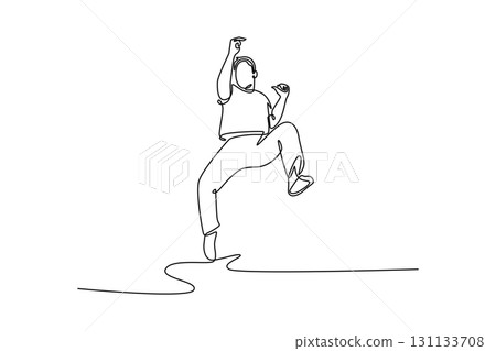 Single one line drawing man mid-jump, executing energetic Capoeira move with one leg raised, conveying sense of celebration and powerful motion. Continuous line draw design graphic vector illustration 131133708