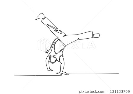 Single one line drawing active man performing Capoeira handstand, core element of martial art, balance and strength required for acrobatic move. Continuous line draw design graphic vector illustration Single one line drawing active man performing Capoeira handstand, core element of martial art, balance and strength required for acrobatic move. Continuous line draw design graphic vector illustration 131133709